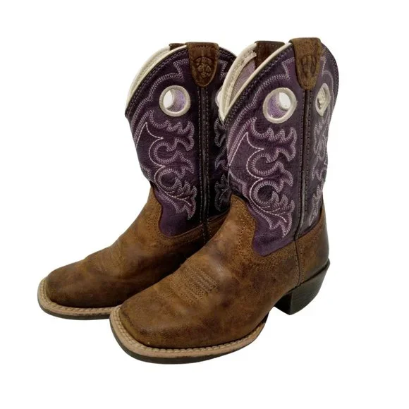 Ariat Kid's Brown Purple Leather Square Toe Mid-Calf Western Boots Size US 10 - Picture 1 of 12